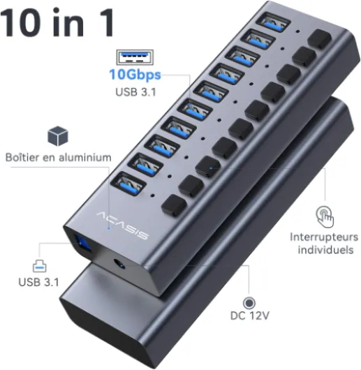 Hub USB 3.2 alimenté 10 Ports, Hub USB 10Gbps avec Interrupteurs Individuels, Adaptateur d'alimentation 48 W, Multiports hub USB pour PC/Ordinateur Portable/Clé USB/Imprimante/Appareil Photo HS710