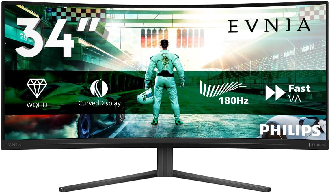 Evnia 34M2C3500L - Moniteur de Jeu incurvé WQHD 34 Pouces, 180 Hz, 0,5 ms, HDR10, FreeSync Premium, HDR10 (3440x1440, 2X HDMI, DisplayPort 1.4) Gris foncé 34" WQHD Curved 180 Hz VA Gris foncé