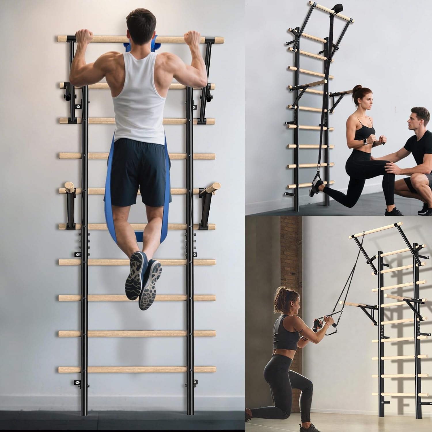 Espalier avec barre de traction et barres de dip - 220 cm - En bois de hêtre - Montage mural - Charge maximale : 250 kg - Pour la musculation, la callisthénie et la rééducation chez les adultes et les