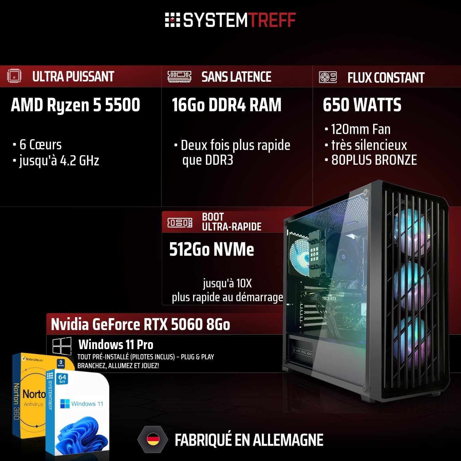 PC Gamer AMD Ryzen 5 5500 6x4.2GHz - Nvidia RTX 5060 8Go DX12 - 512Go M.2 NVMe - 16Go DDR4 RAM - Windows 11 - Ordinateur de Bureau WLAN pour Les Joueurs, Les Gamers & Streamer