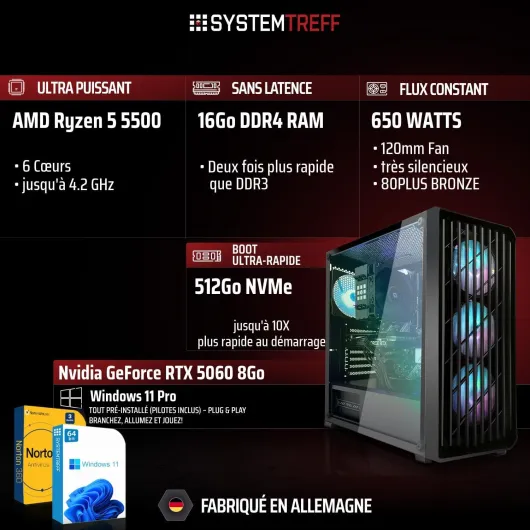 PC Gamer AMD Ryzen 5 5500 6x4.2GHz - Nvidia RTX 5060 8Go DX12 - 512Go M.2 NVMe - 16Go DDR4 RAM - Windows 11 - Ordinateur de Bureau WLAN pour Les Joueurs, Les Gamers & Streamer