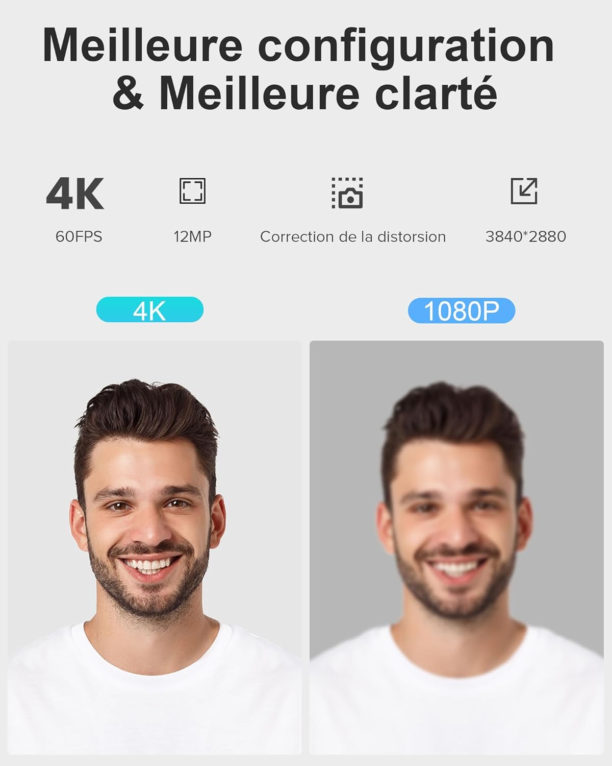 4K Webcam - Ultra HD 60/FPS avec Auto Focus, Microphones à réduction de Bruit, Plug & Play pour Zoom, Skype, Teams et Streaming, Webcam USB avec Cache de confidentialité pour Ordinateur Black
