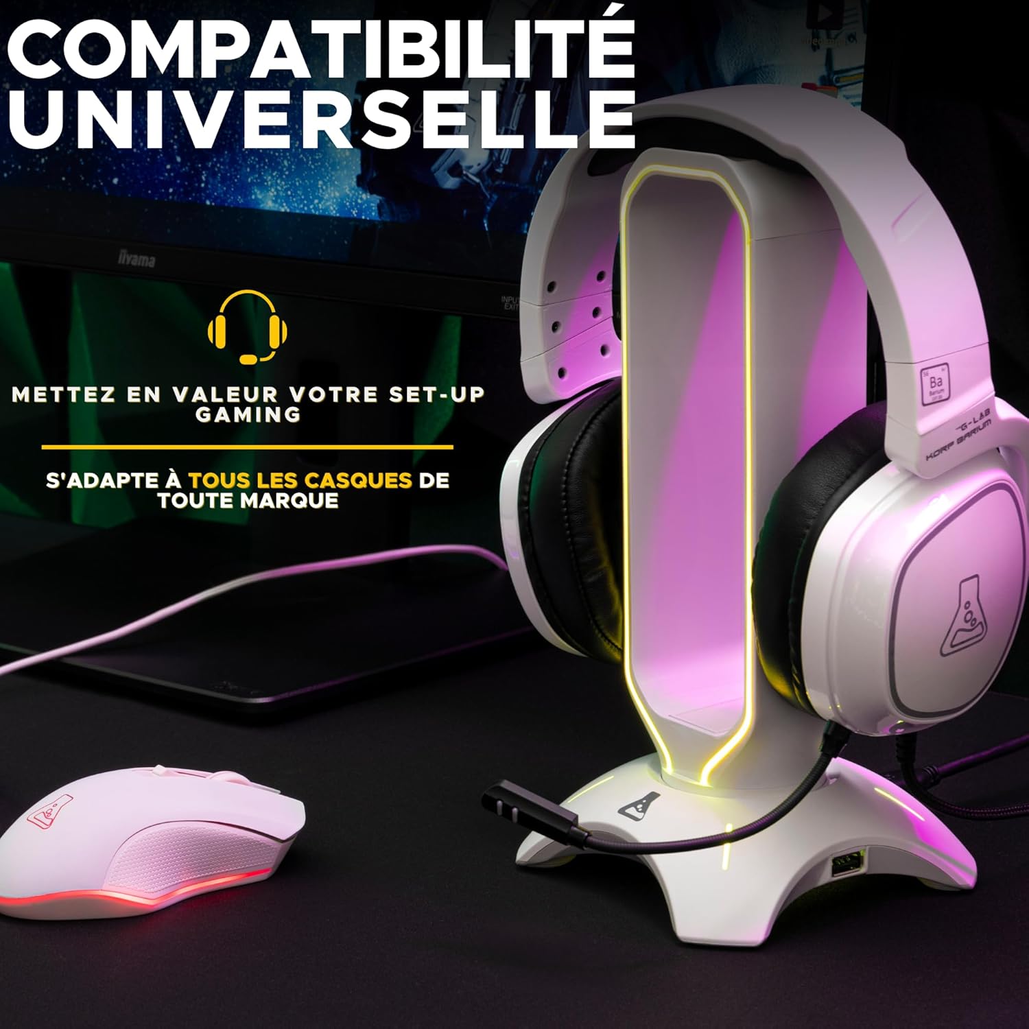 The G-Lab - K-Stand Radon - Support pour Casque/Micro-Casque Gaming - Rétro-éclairage RGB, Hub USB 2 x 2.0, Base antidérapante - Support Universel pour Casques Gamer PC/PS5/Xbox/Switch – Blanc - New