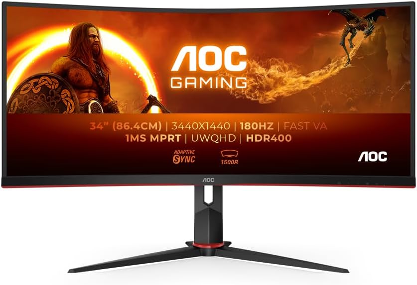Gaming Moniteur Incurvé, CU34G2XPD/BK 34 Pouce 180Hz Fast VA Dalle, 1ms MPRT, HDR400, FreeSync Premium, USB Hub(34 pouce40x1440 HDMI 2X 2.0 DP 2X 1.4) Noir/Rouge 34" WQHD VA
