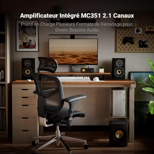 MC351 Amplificateur Intégré 2.1 Canaux avec DAC, Amplificateur de Puissance Stéréo Home Audio avec 2 Puces TPA3255 pour Haut-Parleurs Passifs HiFi, VU-Mètre Vintage avec BT/USB/Opt/Coax