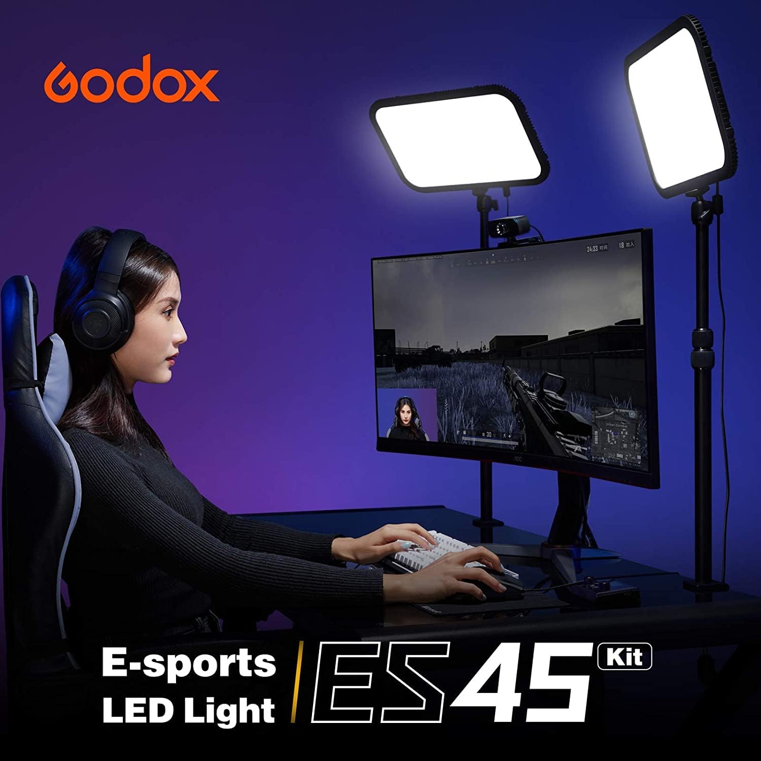 ES45 Key Light, 2 500 Lumens Lampe de Bureau Éclairage de Studio Lampe avec Support Réglable, Bi-Color 2800K-6500K, App/Remote Contrôle sans Fil 2.4G, pour Streaming, Visioconférences
