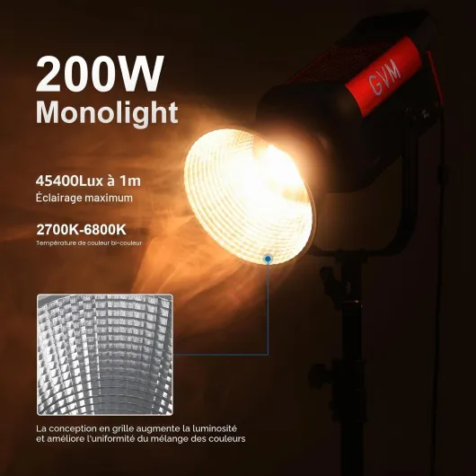 GVM Lumière vidéo LED de 200 W avec boîte à lumière, kit d'éclairage de Photographie de 200 W avec contrôle d'application, lumière de Studio LED éclairage continu 2700 K-6800 K, 45 400 lux/1 m, Pro 200W