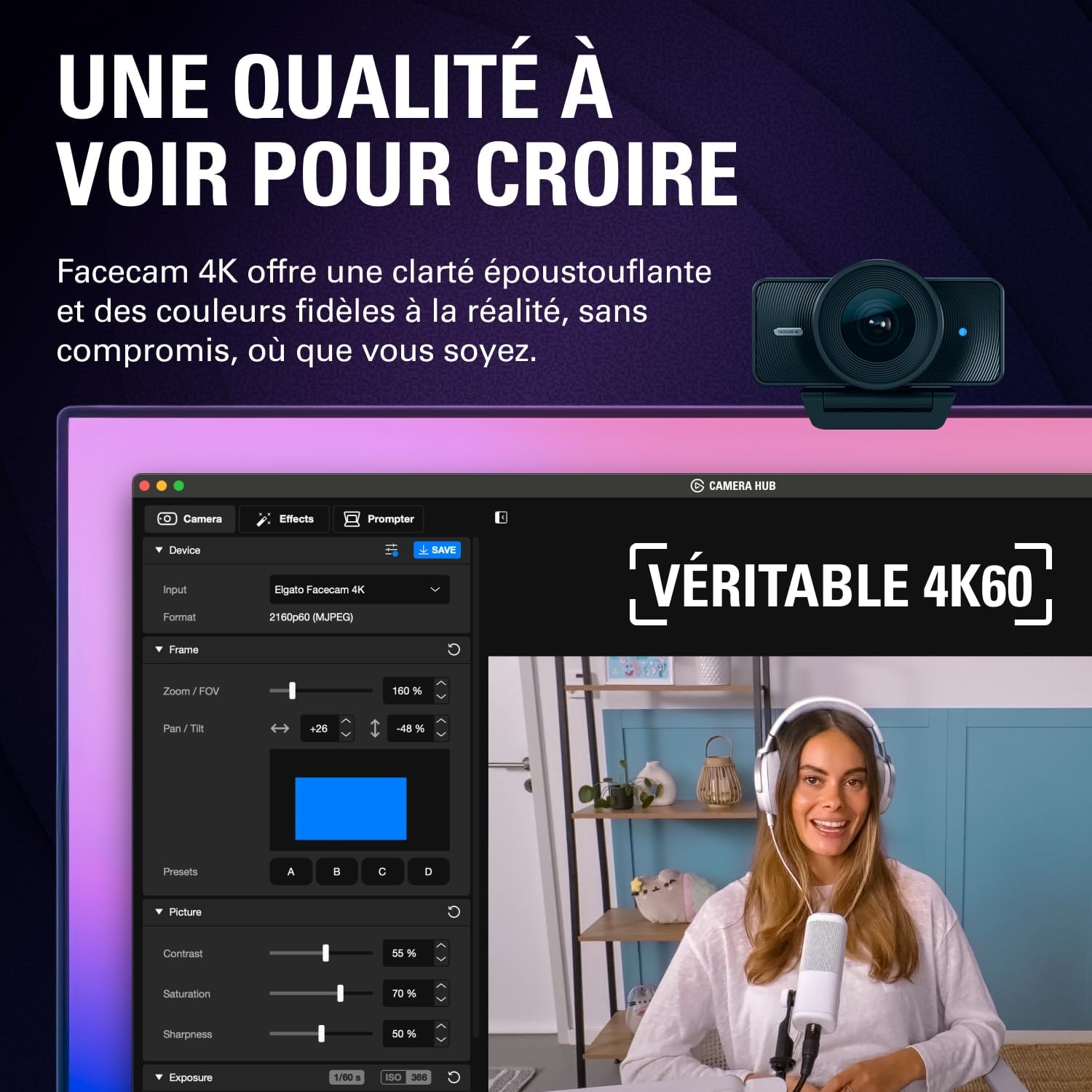 Facecam 4K – Webcam Studio 4K60, Contrôle de Type DSLR, Effets cinématographiques, Filtres d’Objectif 49mm, HDR, Vidéo Non compressée, Zone de Mise au Point optimisée - USB-C pour PC et Mac