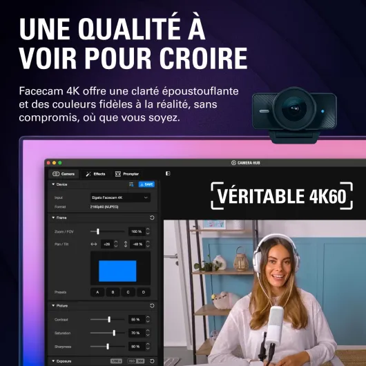 Facecam 4K – Webcam Studio 4K60, Contrôle de Type DSLR, Effets cinématographiques, Filtres d’Objectif 49mm, HDR, Vidéo Non compressée, Zone de Mise au Point optimisée - USB-C pour PC et Mac